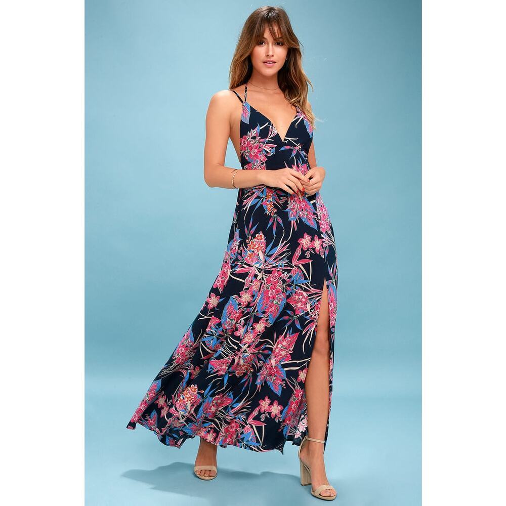 Lulu's Navy Floral Maxi Dress with Pink & Blue Print - Picture 1 of 11